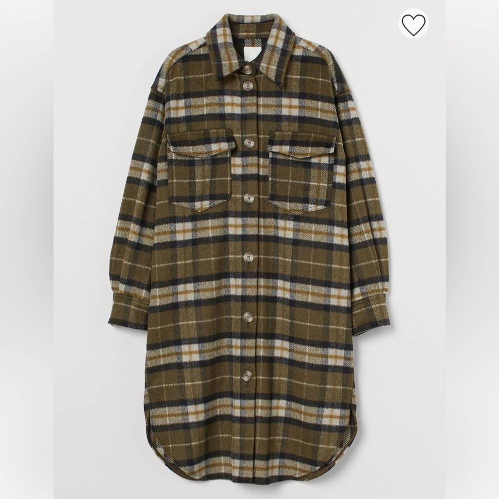 EUC H&M ARMY KHAKI GREEN PLAID LONG OVER SHIRT SHACKET JACKET OVERSIZED SZ XS